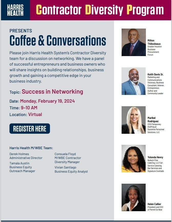 Helen Callier, president of PermitUsNow to serve as panelist on Harris Health Contractor Diversity Team's Coffee & Conversations virtual event on February 19, 2024. Panel topic: Success in Networking.