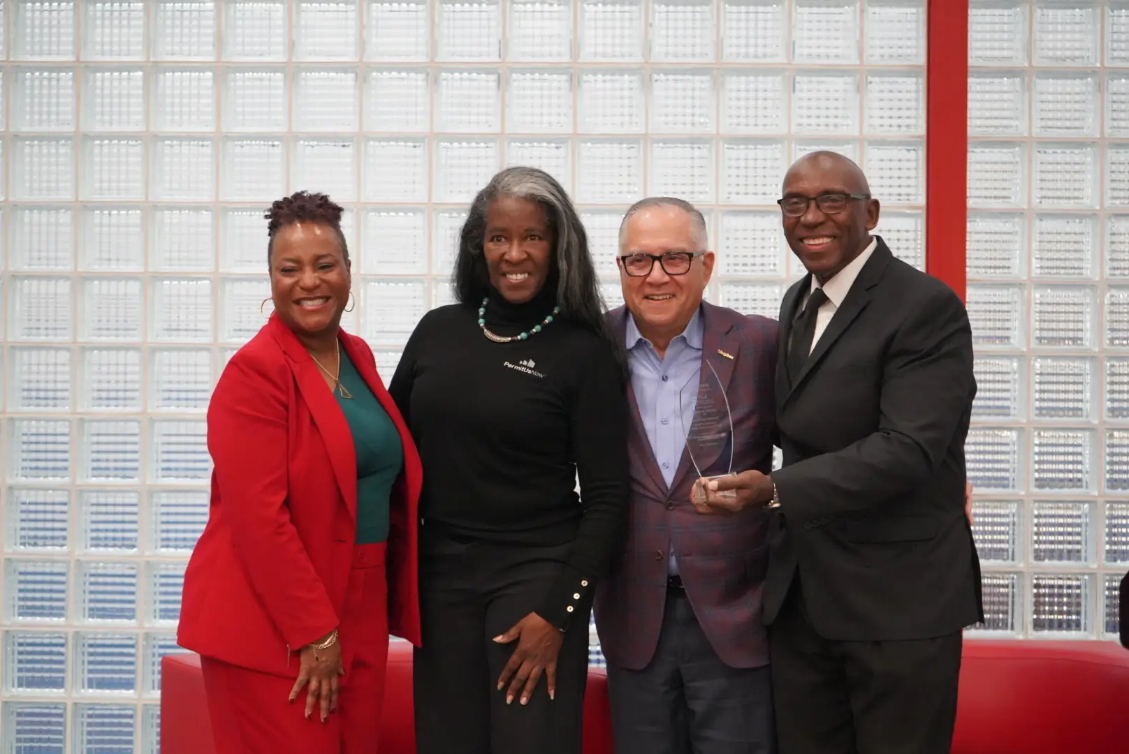 From left to right: Cylenthia Hoyrd, City of Houston Director, Office of Business Opportunities, Helen Callier, Founder and CEO, PermitUsNow, Greg Reyes, CEO of REYTEC Construction Resources, Inc. and Milton L. Thibodeaux, President, Greater Houston Business Procurement Forum (GHBPF)