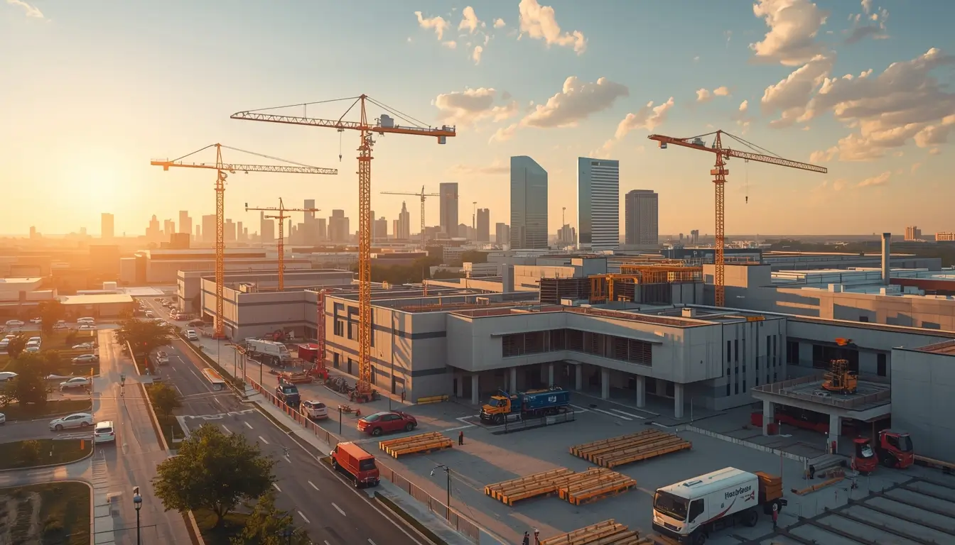 A large modern healthcare campus is under construction at sunset, with several tall cranes above low-rise hospital buildings, work vehicles on surrounding roads, and a city skyline in the distance.